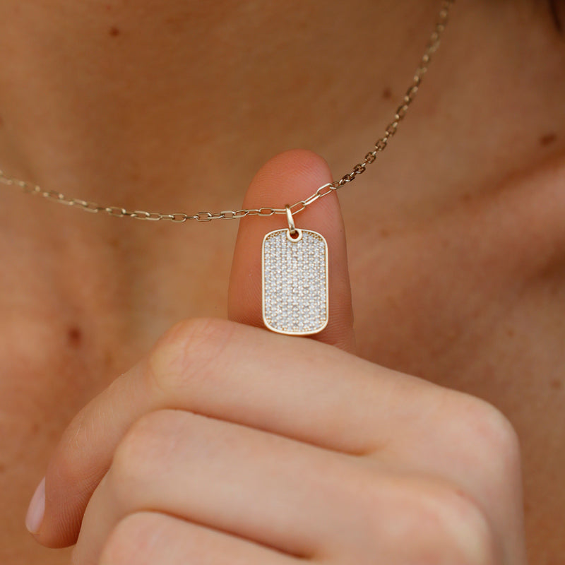 diamond paved tag pendant with paperclip chain