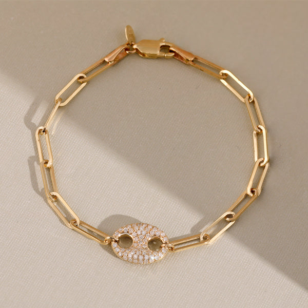 14k solid gold paperclip bracelet with soda cap pendant