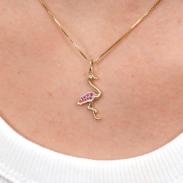 Solid Gold Flamingo Charm with Pink Sapphire and Diamond