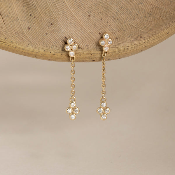 Diamond Drop Cluster Earrings with chain in solid 14k gold
