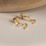 bezel set 14k or 18k minimalist earring with chain 