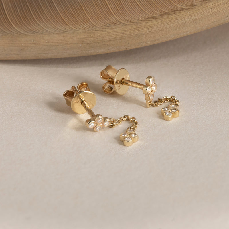 bezel set 14k or 18k minimalist earring with chain 