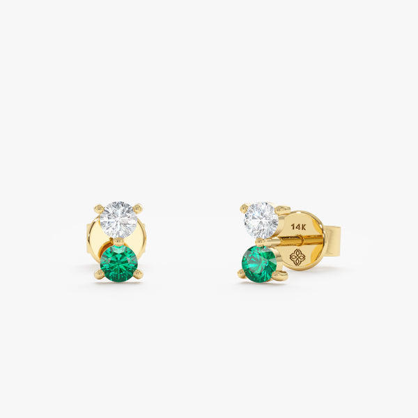 Pair of handmade solid 14k gold double stone stud earrings with emerald and diamond stone
