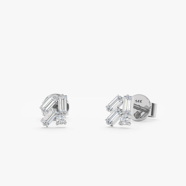 Handmade pair of solid 14k white gold multi cluster diamond stud earrings