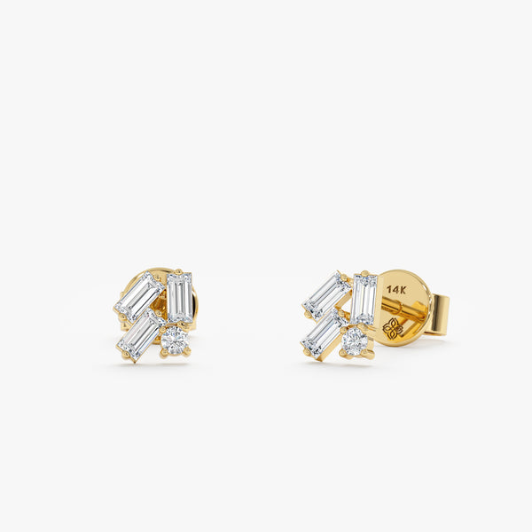 Handcrafted pair of solid 14k gold multi baguette diamond cluster stud earrings 