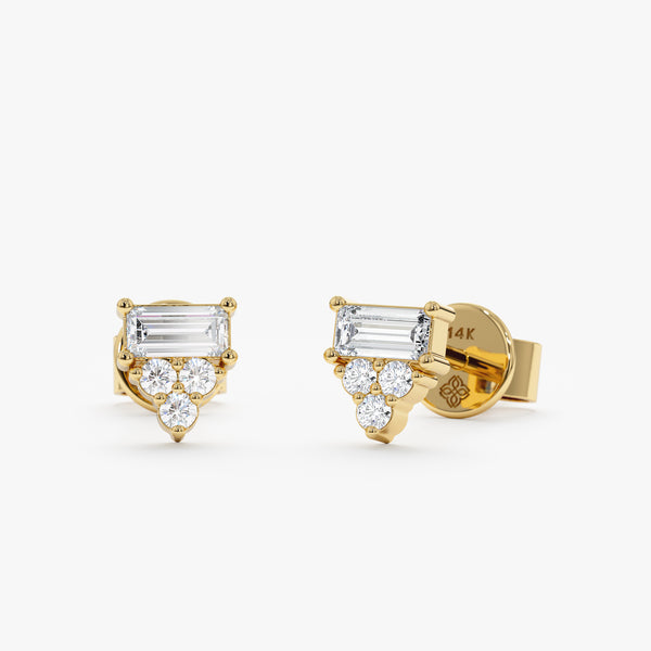 handmade pair of solid 14k gold triple diamond baguette stud earrings