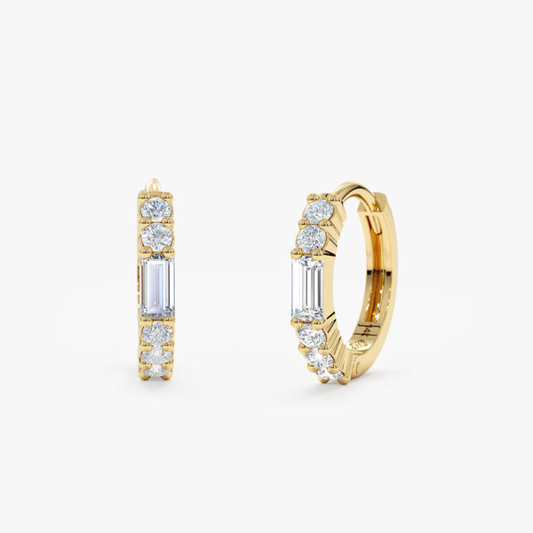 Handmade pair of solid 14k gold baguette diamond hoop huggie earrings