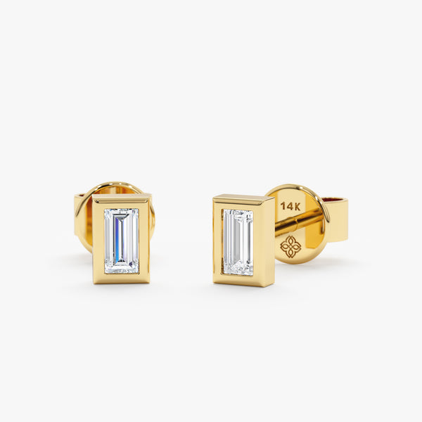 Handmade pair of solid 14k gold baguette cut white diamond stud earrings 