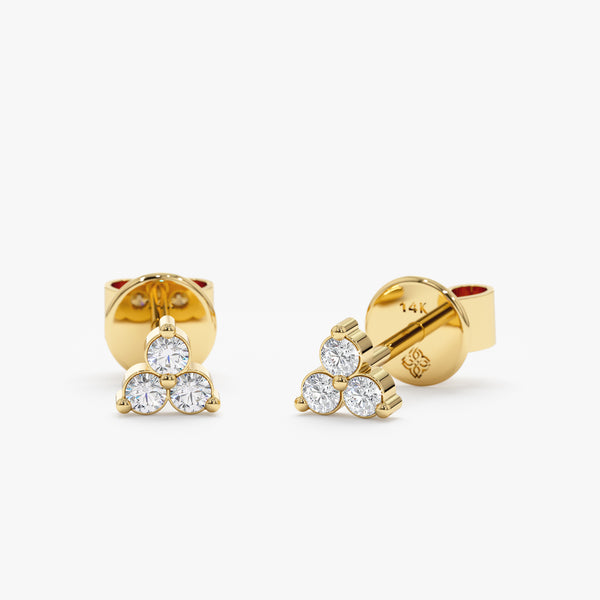 Handmade pair of solid 14k gold three cluster diamond stud earrings