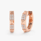 Pair of 14k rose gold huggie earrings with spike pyramid design in lined diamonds gift for her. 