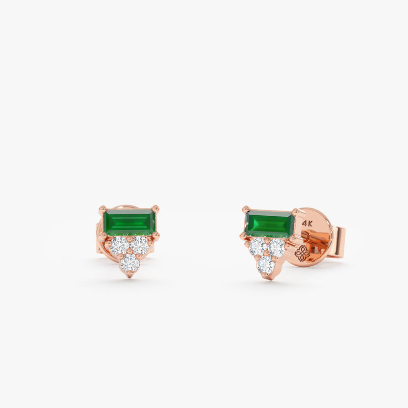 Handcrafted pair of solid 14k rose gold baguette emerald with three diamonds stud earrings