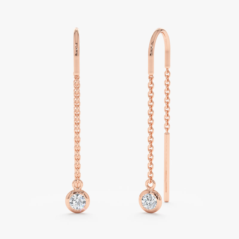 Dainty pair of solid 14k rose gold threader hanging earrings 