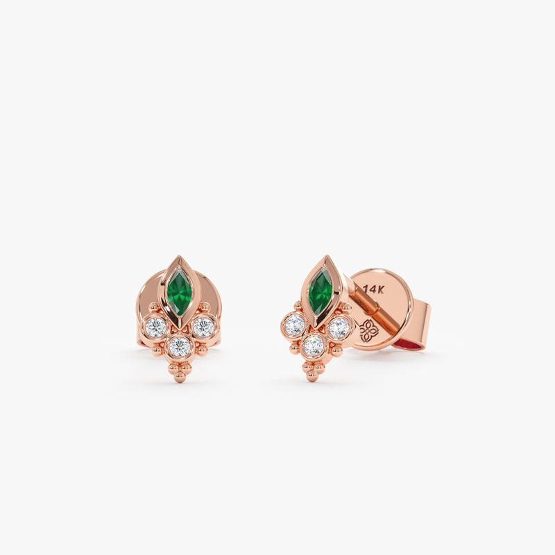 Pair of 14k solid rose gold earring studs with three diamond bezel