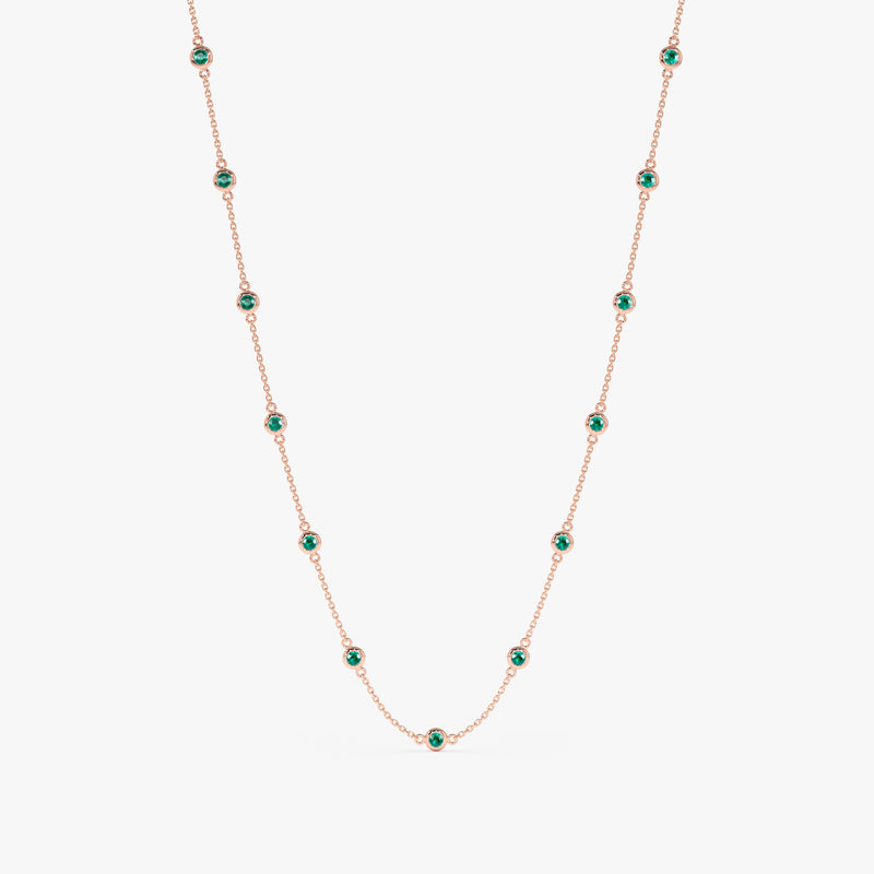Gold emerald station necklace with multiple stones, available in yellow, rose, or white gold