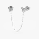 handcrafted pair of solid 14k white gold butterfly stud earrings with diamonds and hanging chain for her