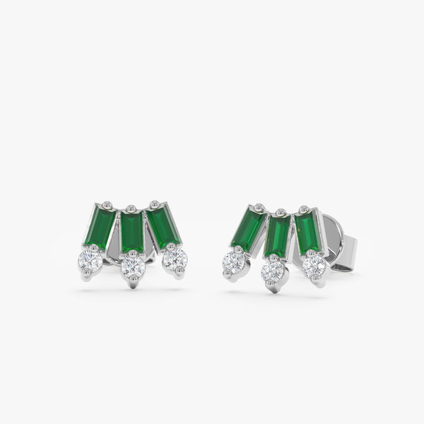 Handcrafted pair of solid 14k white gold three emerald baguette stud with three diamond prong
