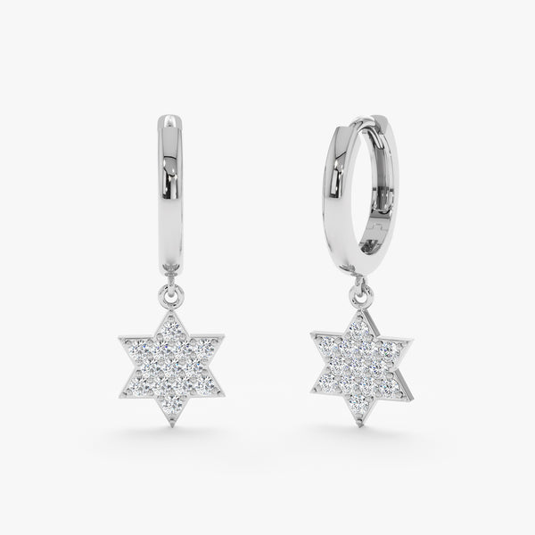 Pair of 14k solid white gold star of david charm huggies with natural white diamonds