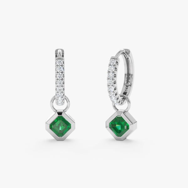 Pair of handmade solid 14k white gold emerald charms for solid gold huggies with diamonds