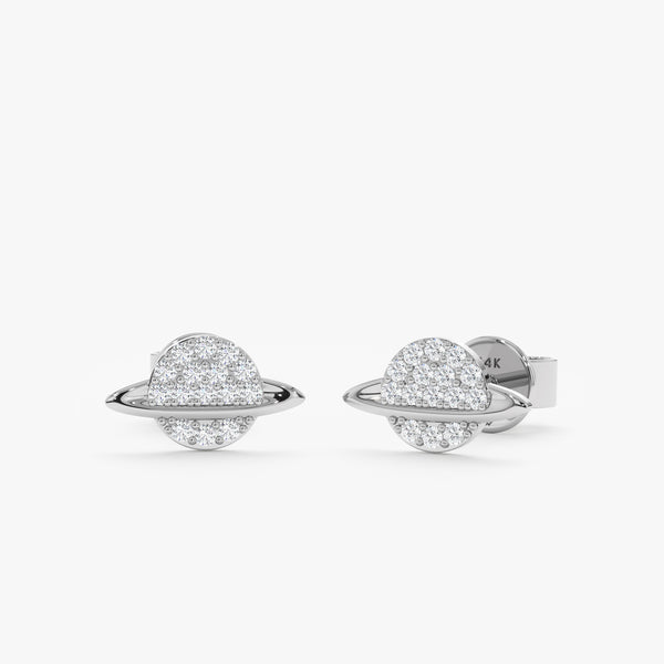 Handmade pair of solid 14k white gold saturn stud earrings with paved diamonds