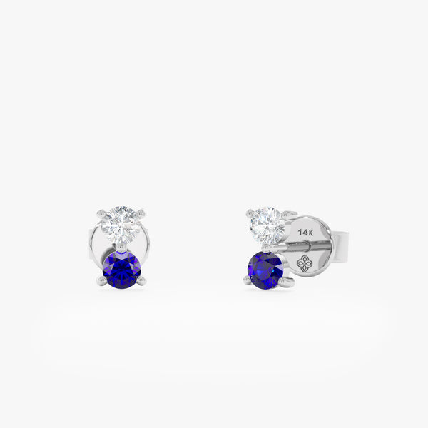 Pair of double stone solid 14k white gold with single blue sapphire and single white natural diamond