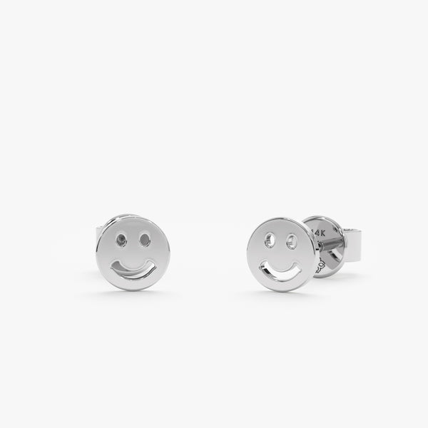 handcrafted pair of solid 14k white gold smiley face earring studs 