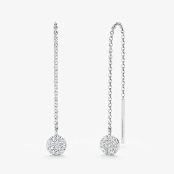 Pair of threader earring in 14k solid white gold with paved diamond disc 