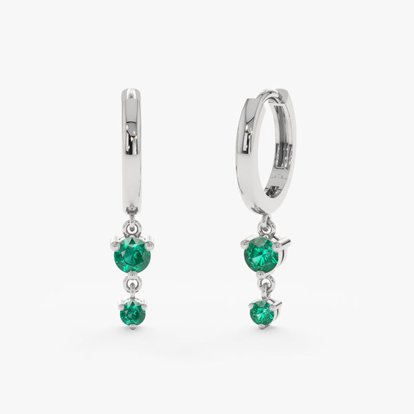 Pair of 14k solid white gold huggies with two stone emerald drop earrings