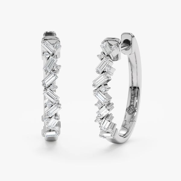 Pair of handmade 14k solid white gold earring hoops with stacked baguette diamonds