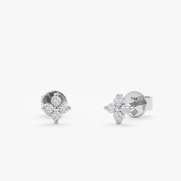 handmade solid 14k white gold four diamond clover stud earrings