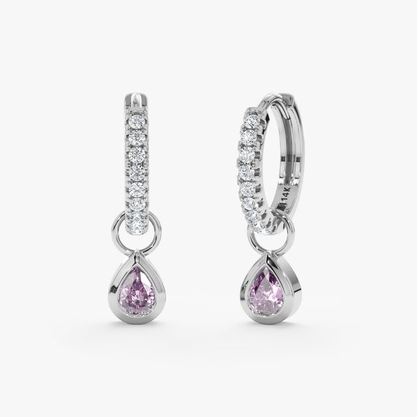 Pair of solid white gold pear cut amethyst stone huggies lined in diamonds