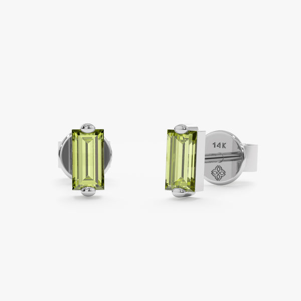 handcrafted pair of solid 14k white gold baguette cut peridot stud earrings