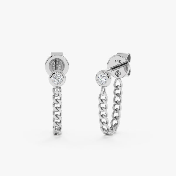 Pair of solid 14k white gold diamond stud with drop down cuban chain 