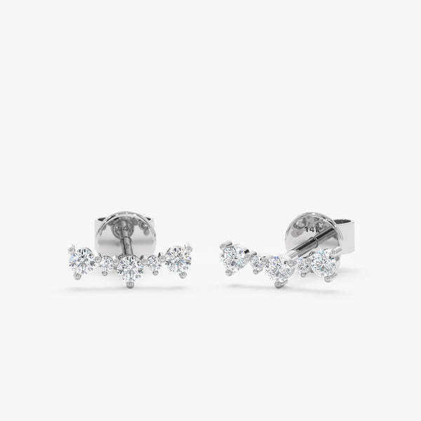 Pair of 14k solid white gold curved multiple diamond bar stud 