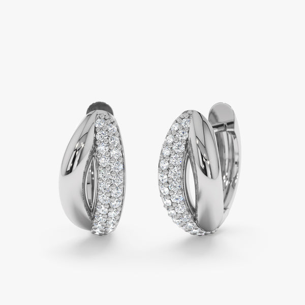 Pair of handmade earring huggies with double lined diamonds in 14k solid white gold. 