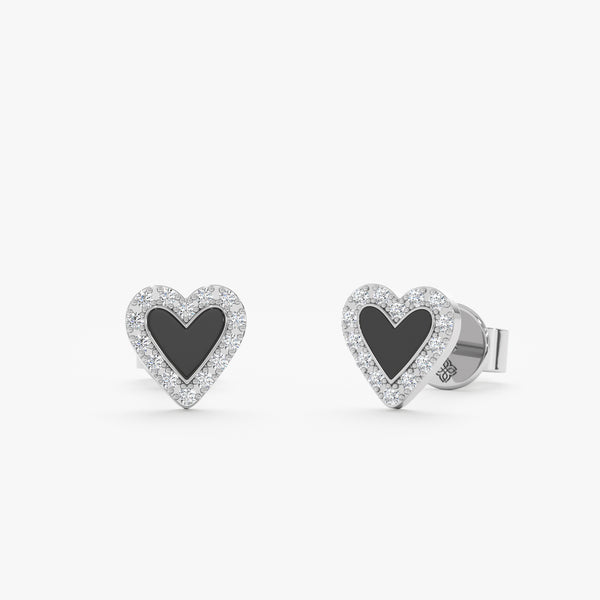 Handcrafted pair of solid white gold black heart enamel stud earrings