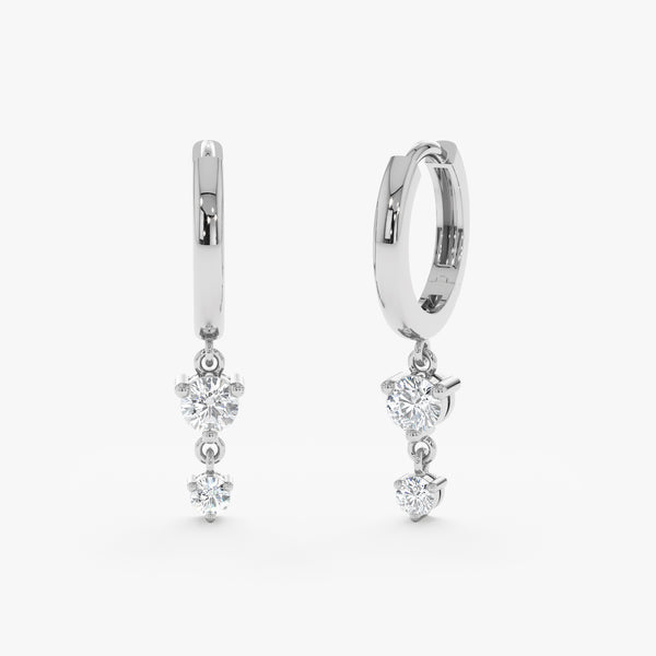 Pair of 14k solid white gold huggies with hanging diamonds 