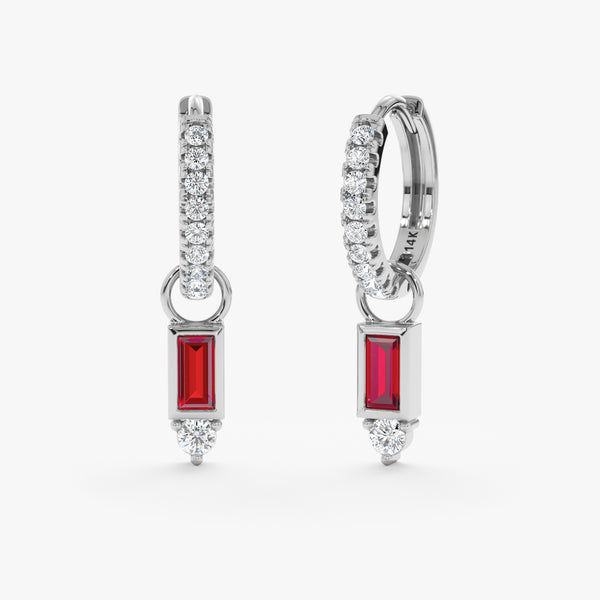 Pair of handcrafted 14k solid white gold baguette cut ruby charms with natural diamond