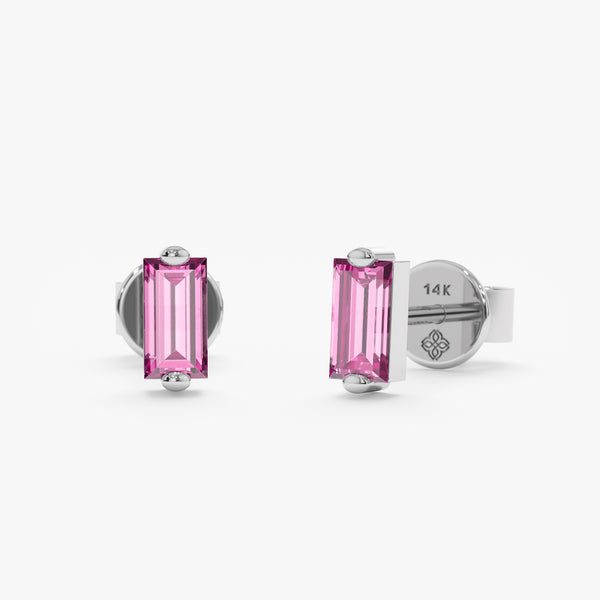handcrafted pair of solid 14k white gold pink sapphire baguette stud earrings