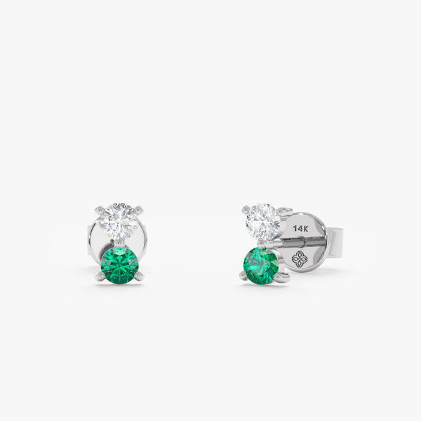 Pair of solid 14k white gold handmade double stud earrings with emerald and natural diamond