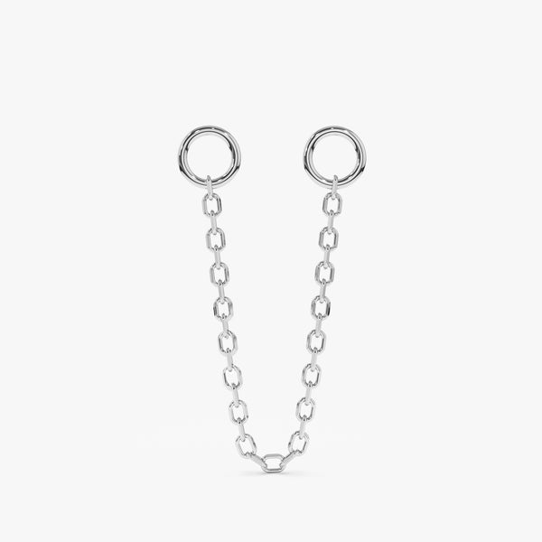 Hanging cable chain earring huggie charm in solid 14k white gold