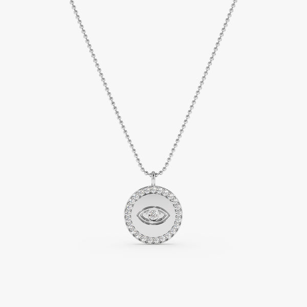 handmade solid white gold eye medallion pendant with ball chain