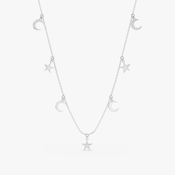 handcrafted solid white gold moon and star charms necklace