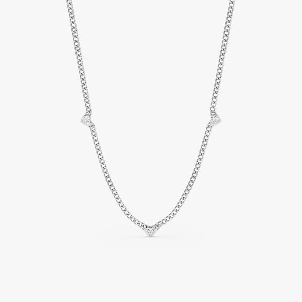 handmade solid white gold three diamond heart bezel cuban chain necklace