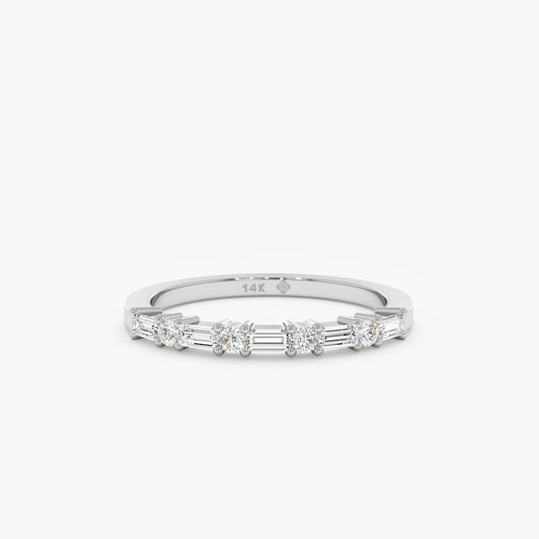 white gold baguette and round cut diamonds