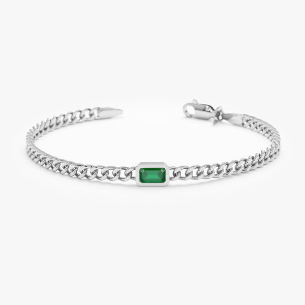 14k white gold Cuban chain bracelet with a genuine emerald