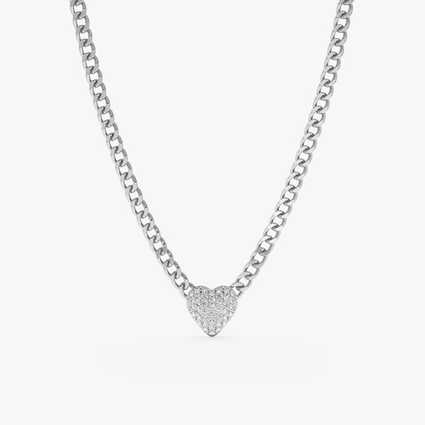 handmade white gold cuban chain with puffer heart pendant with paved diamonds