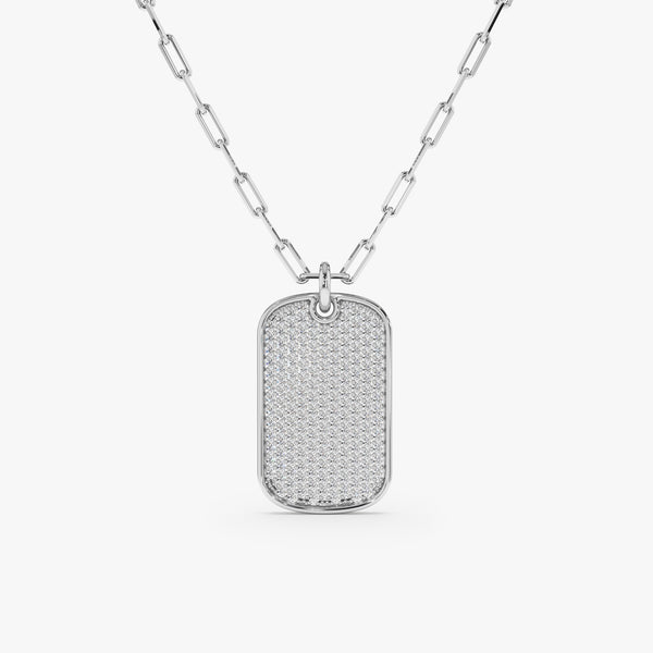 14k white gold natural diamond tag necklace with paperclip chain