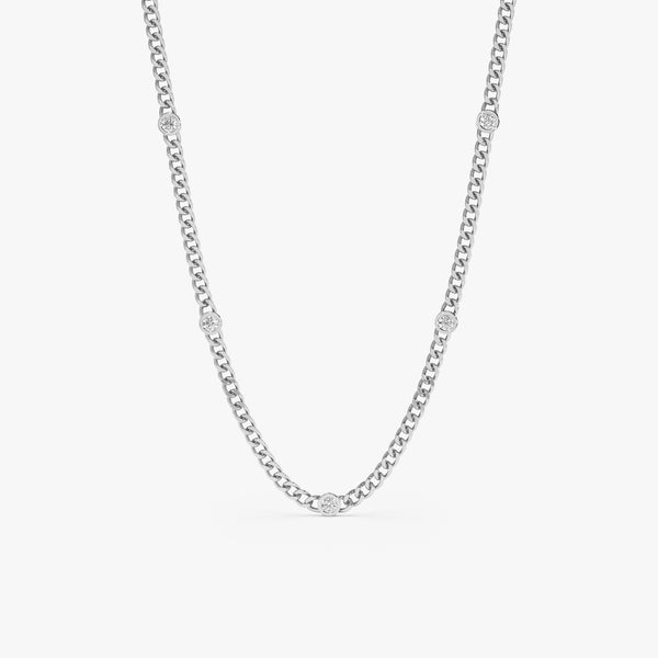 handcrafted 14k white gold cuban chain necklace with multiple diamond bezels