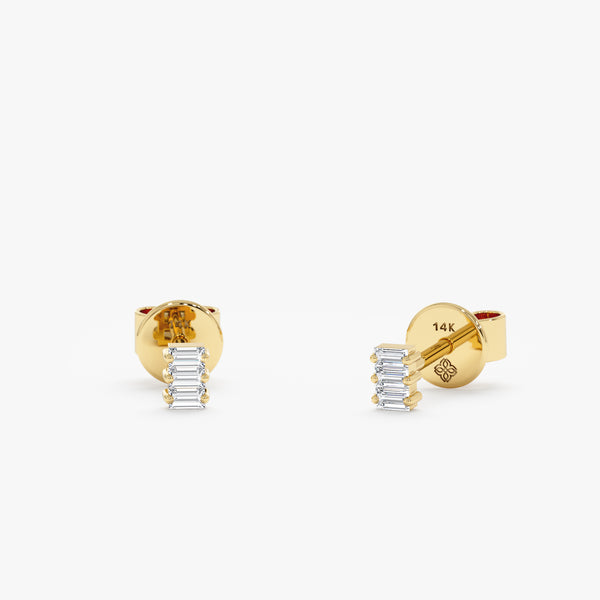 Handmade pair of solid 14k gold triple baguette diamond stud earrings 