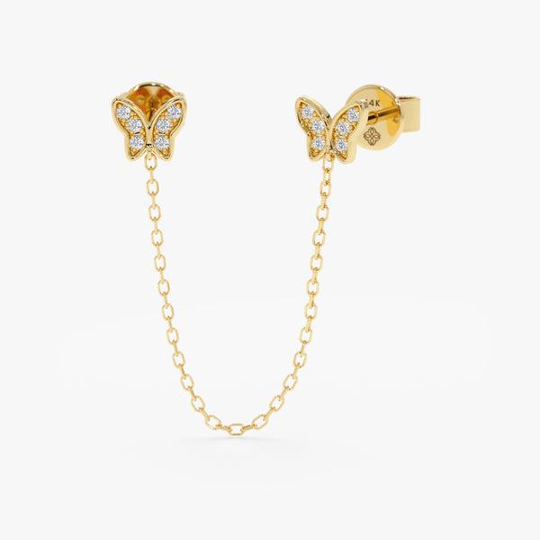 handmade pair of solid 14k gold butterfly stud diamond earrings with hanging chain
